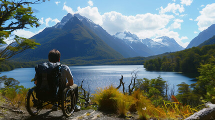 Man in wheelchair enjoying a serene view of a mountainous lake landscape under a clear blue sky.
