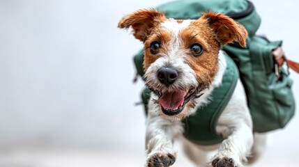 An animated brown and white Jack Russell Terrier playfully carries a green bag. Cheerful dog on white background with copy space