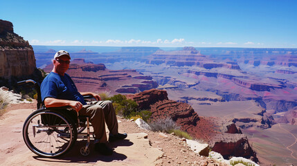 Fototapeta premium Happy elderly man in a wheelchair enjoying a panoramic view from a scenic overlook.
