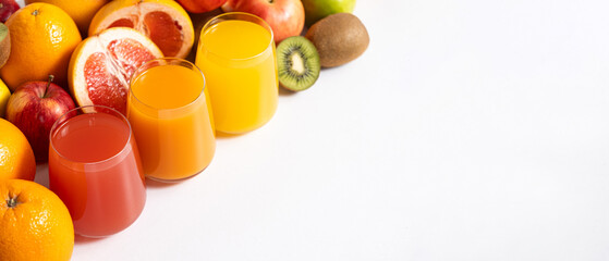Different fruit juices in glasses on white background, long banner, copy space for text
