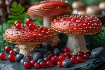 Obraz premium Shiitake mushrooms arranged next to natural herbal supplement capsules, illustrating a concept of alternative medicine.