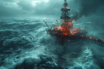 Oil rig battling stormy seas with dark clouds and crashing waves
