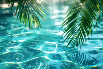 A palm frond casts a shadow over the glistening, rippling surface of a pool on a sunny day, highlighting serene water patterns