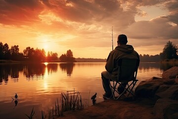 A man with a fishing rod sits on the shore of a lake and fishes at dawn and sunset. Silhouette of a fisherman against the background of a red evening and morning sky.