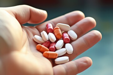 Multi-colored tablets, pills and capsules in the hands.