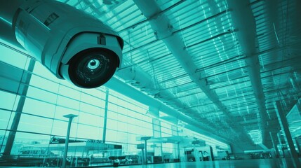 Security video camera in a large deserted hall, airport terminal. Close-up, wide-angle panorama in blue neon lighting.
