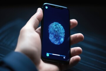 Smartphone with a fingerprint in a man's hand. Biometric identification, data protection.
