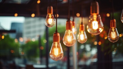 Decorative antique style light bulbs shine with orange light against a blurred evening city...