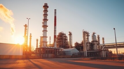 Fototapeta premium Large plant, factory on a summer day at sunset. Pipes of a gas power plant, industrial landscape.