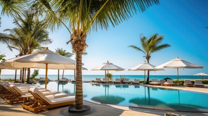 Tropical resort on the ocean under palm trees. Sun loungers and parasols around the pool. Summer sunny day.