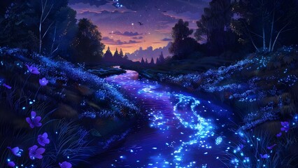 "Magical Night River: A Digital Artwork with Bioluminescent Water". Concept Digital Artwork, Bioluminescent Water, Magical Night, River, Beauty