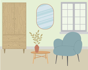 The interior of a cozy room with a window, a wardrobe, a chair and a table. Vector illustration in flat style.