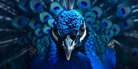 A beautifull blue peacock and looking on the front with fluffy open features on a dark black background .