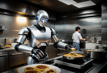 A robot is cooking food for diners in a restaurant.