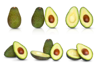 Avocado isolated on white collection. Set of fresh whole and sliced avocado isolated on white background. PNG photography