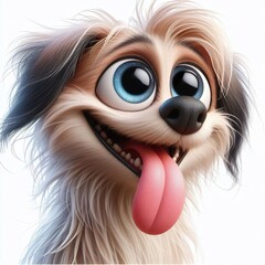 Naklejka premium a photorealistic whimsical cartoon Dog with a mischievous grin. The Dog has blue eyes and long fur, white blackground