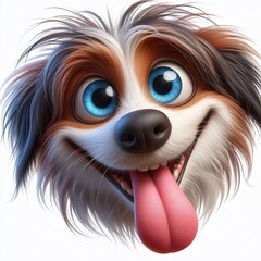 Naklejka premium a photorealistic whimsical cartoon Dog with a mischievous grin. The Dog has blue eyes and long fur, white blackground