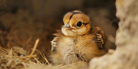 A baby red-legged partridge chicks with fluffy feathers and sitting in nest with cave dark background.