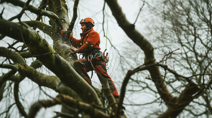 A tree surgeon in safety gear cutting a branch with a chainsaw amidst a leafless tree.