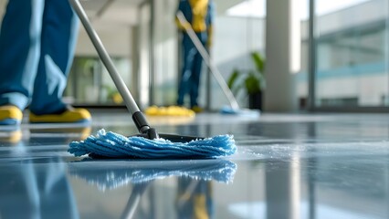 Closeup professional cleaning team mopping office floor copy space commercial janitorial services. Concept Commercial Cleaning, Professional Janitorial Services, Office Maintenance, Mopping Floors