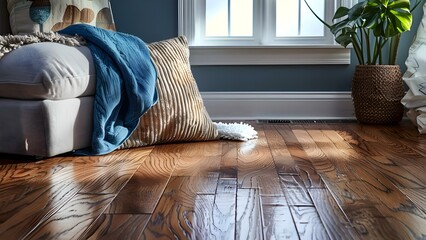 Fototapeta premium Clean hardwood floor with mop. Concept To clean hardwood floor with a mop, .1, Sweep or vacuum the floor to remove debris,.2, Mix a hardwood floor cleaner with water in a bucket,.3