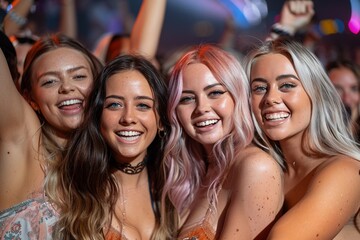 Obraz premium Diverse group of young women enjoying a vibrant club atmosphere, faces beaming with joy.