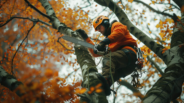 An arborist in orange clothing uses a chainsaw to trim branches off a tree in autumn.