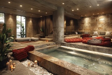 Large pool centrally located in the room, enhancing interior design