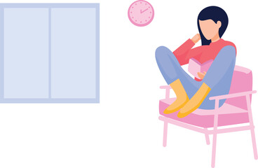 The girl is reading a book on the chair.