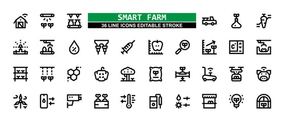 36 Smart Farm Line Icons Set Pack Editable Stroke Vector Illustration.