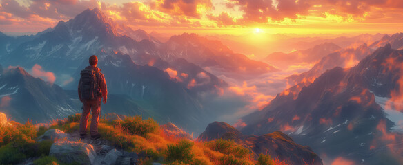 Lone explorer contemplating sunrise over misty mountain range - Powered by Adobe