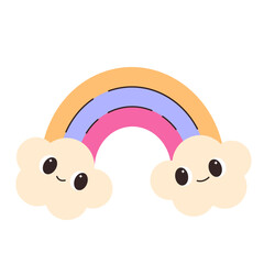 Obraz premium Cute clouds character with retro rainbow on white background. y2k element.