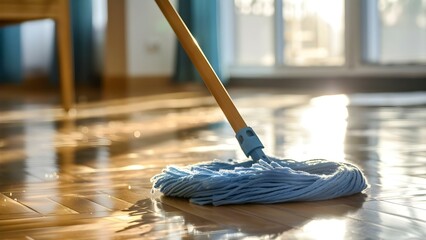 Detailed image of mop cleaning parquet floor in room for cleanliness. Concept Cleaning, Mop, Parquet Floor, Room, Cleanliness