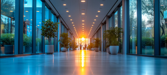Tranquil sunset in spacious office corridor with indoor plants