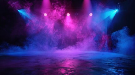 Empty stage with bright neon lighting and special effects for theater performance or dance