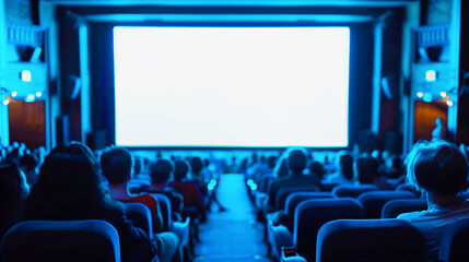 Audience seated in a cinema watching a large blank screen, reflecting an engaging cinematic experience.