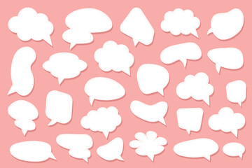 White speech bubbles set in various shapes like circle, cloud, oval, rectangle. Doodle empty message box icons set