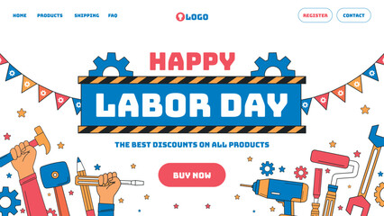 Landing page template for 1st may labor day celebration - obrazy, fototapety, plakaty