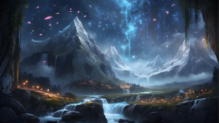 A surreal landscape with towering mountains, cascading waterfalls, and a mystical forest filled with glowing fireflies.