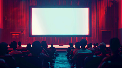 Audience sitting in cinema watching a blank white screen, illuminated by red ambient lighting.