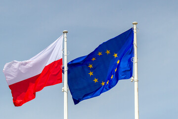 Poland and EU European Union flags against the sky