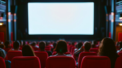 Obraz premium Audience in a movie theater watching a blank screen, seated in red chairs, capturing the atmosphere of anticipation.