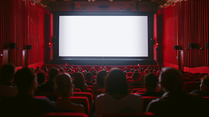 Fototapeta premium Audience sitting in a cinema with red seats watching a blank white screen, creating a classic movie watching scene.
