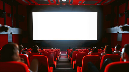 Obraz premium Cinema hall with audience seated in red chairs facing a large blank screen, evoking a movie-watching atmosphere.