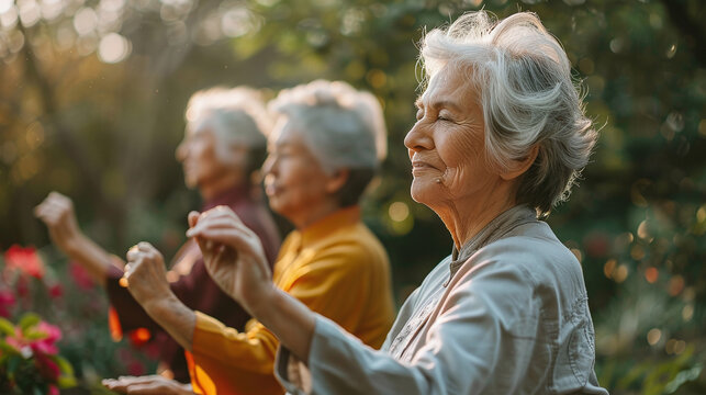A group of seniors practicing tai chi in a serene garden setting, promoting physical activity and holistic wellness for older adults
