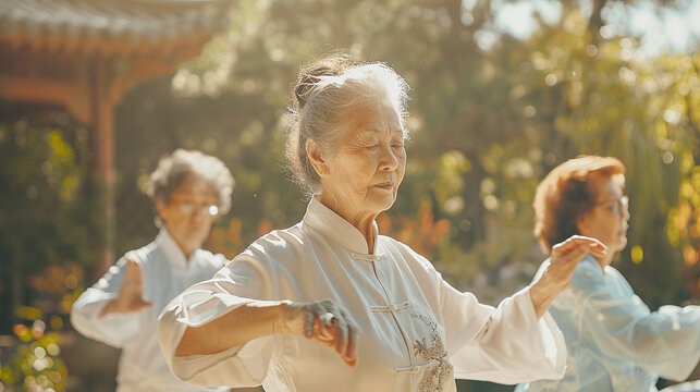 A group of seniors practicing tai chi in a serene garden setting, promoting physical activity and holistic wellness for older adults