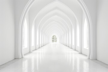 A long, bright white hallway with arched windows, columns, and marble flooring. Smooth white walls reflect natural light. Modern architectural design with a serene and spacious atmosphere.