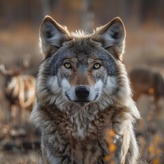 Fototapeta premium Majestic Grey Wolf Holding Powerful Gaze in Boreal Forest Habitat