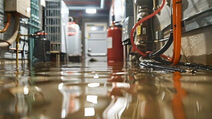 Cleaning up deep floodwater in a basement or electrical room following a leak. Concept Flood Restoration, Water Damage Cleanup, Basement Flooding, Electrical Room Cleanup, Leak Management