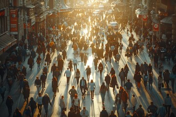 A crowd of fans walks down the city street at sunset
